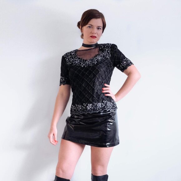 Stenay Tops - Stenay Vintage 80'S Floral Sequin Beaded Mesh Trim Blouse Black